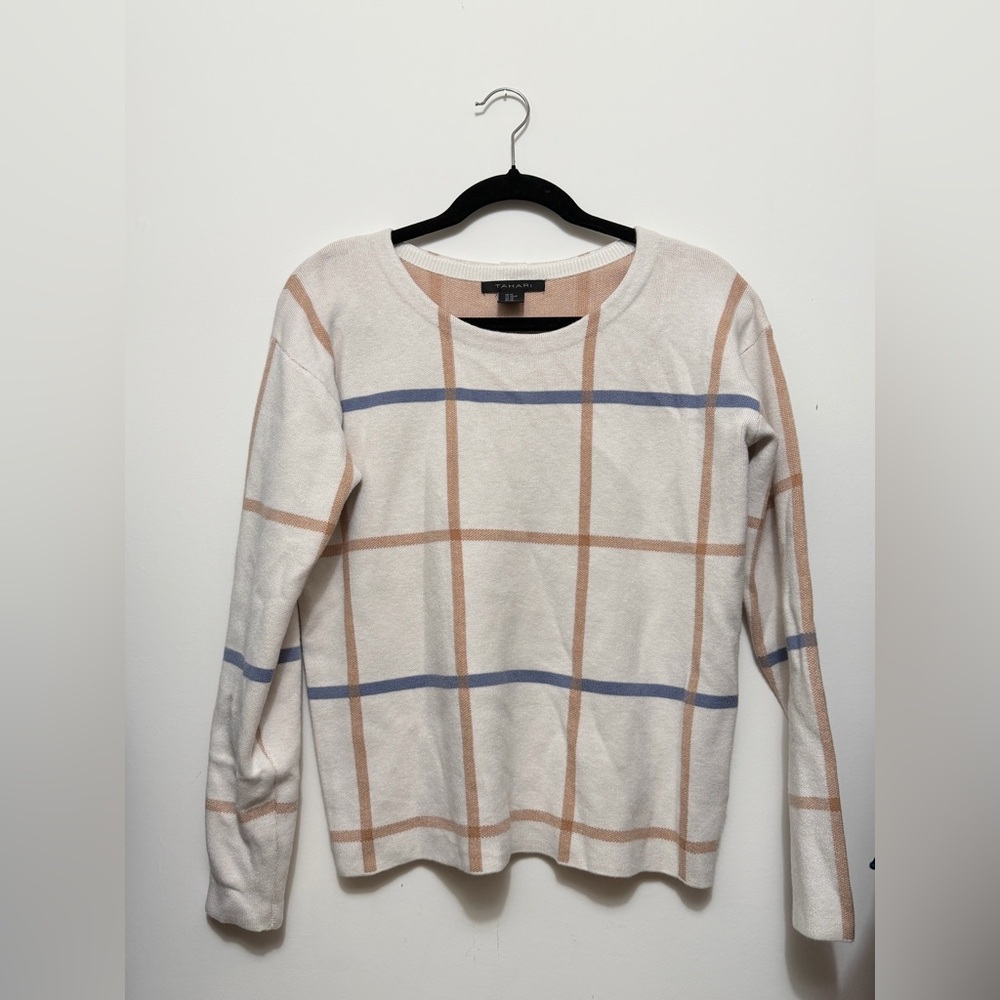 Tahari Cream Plaid Crew Neck Sweater